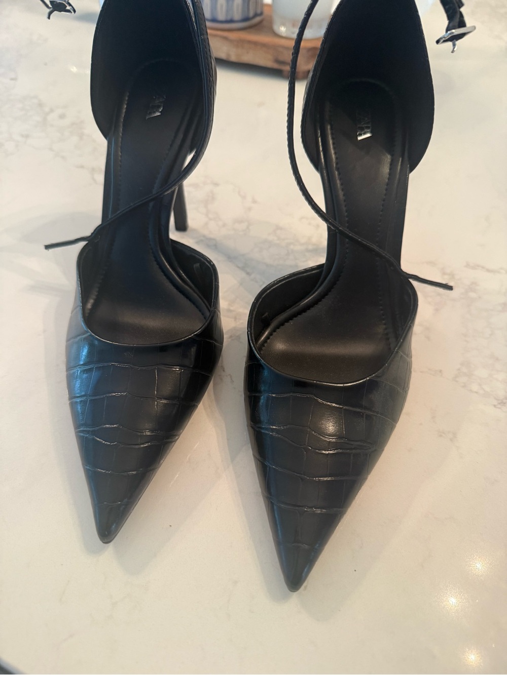 Zara Black Croc-Embossed Pointed Toe Ankle Tie Heels